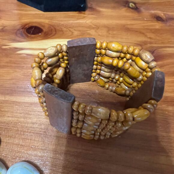 Vtg Wired Cowrie Shell Necklace & Wood Beaded Bracelet Hawaiian Aloha Lei Long - Picture 3 of 11